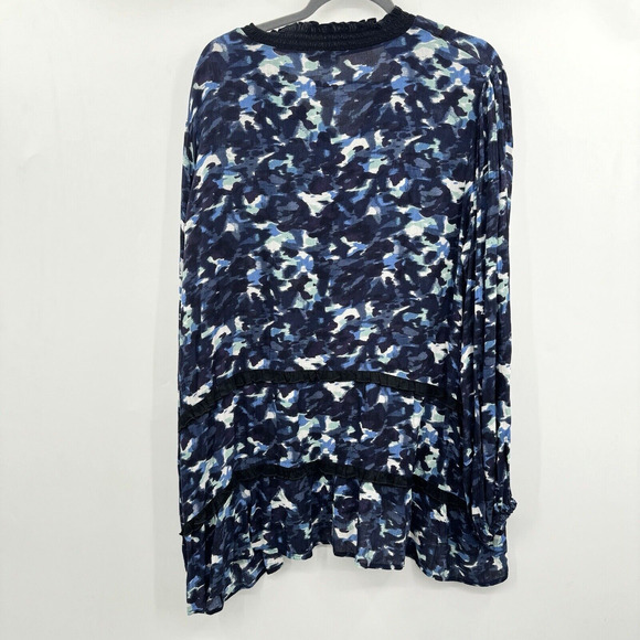 Go Fish Rayon Artsy Tiered Tunic Top Size XL Blue Black Velvet Trim Boho Relaxed - Picture 2 of 8